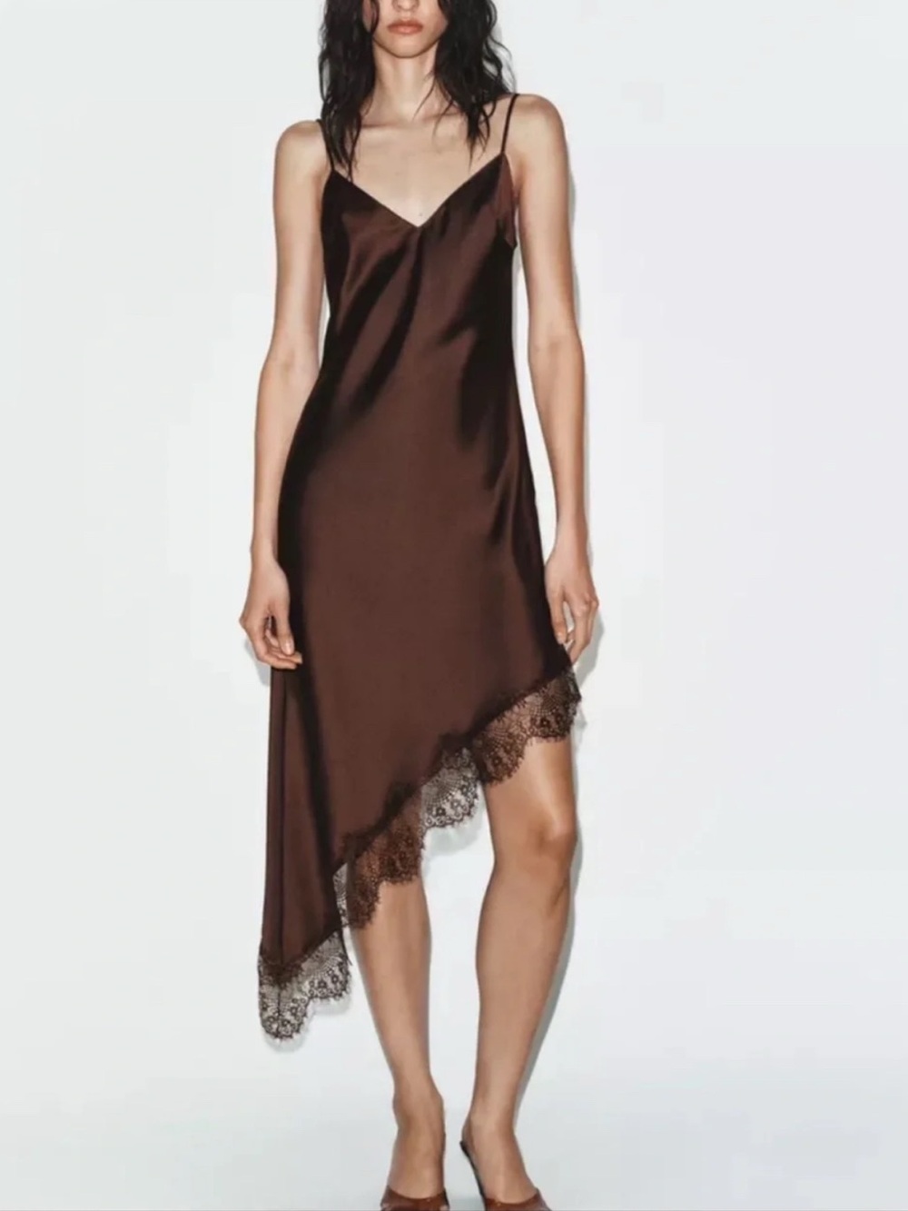 Zara Brown Satin Asymmetrical Slip Dress with Lace Trim